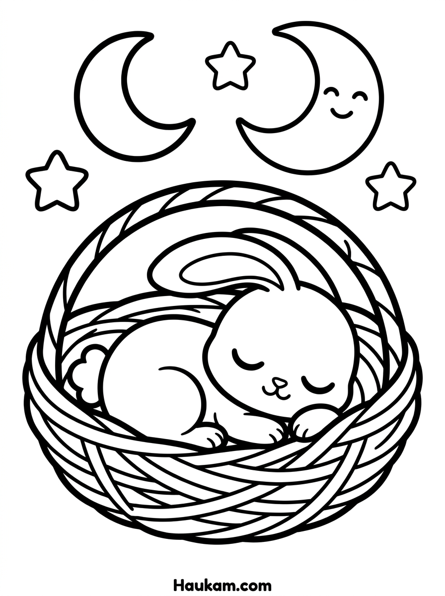 Ausmalbild Hase: 5 kostenlose Ausmalbilder für Kinder 5 Ausmalbild Hase schläft unter dem Mond – ruhiges Gute-Nacht-Motiv zum Ausdrucken