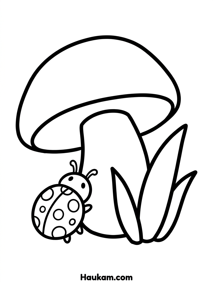 Marienkäfer Ausmalbild: Süße Malvorlagen für Kindergarten 5 Marienkäfer Ausmalbild unter einem Pilz versteckt – gemütliche Malvorlage mit Grashalmen, schwarz-weiß, kindgerecht zum Ausmalen