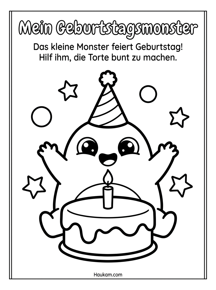 Monster Ausmalbilder: 5 süße Malvorlagen für Kinder 5 Monster Ausmalbilder: kleines Monster mit Partyhut feiert vor einer Geburtstagstorte
