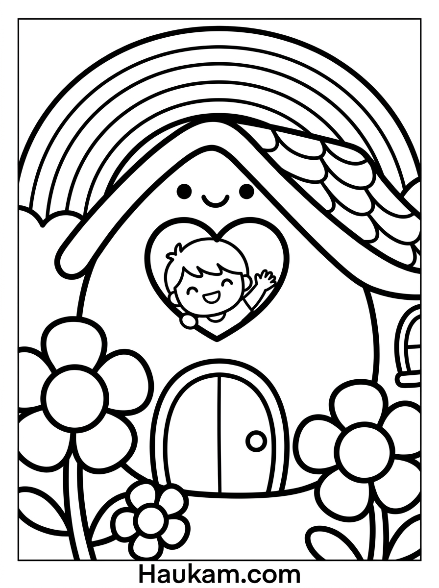 Regenbogen Ausmalbild: kostenlose Malvorlagen für Kinder 5 Regenbogen Ausmalbild mit kleinem Haus und Blumen im Vordergrund für Kinder zum Ausmalen