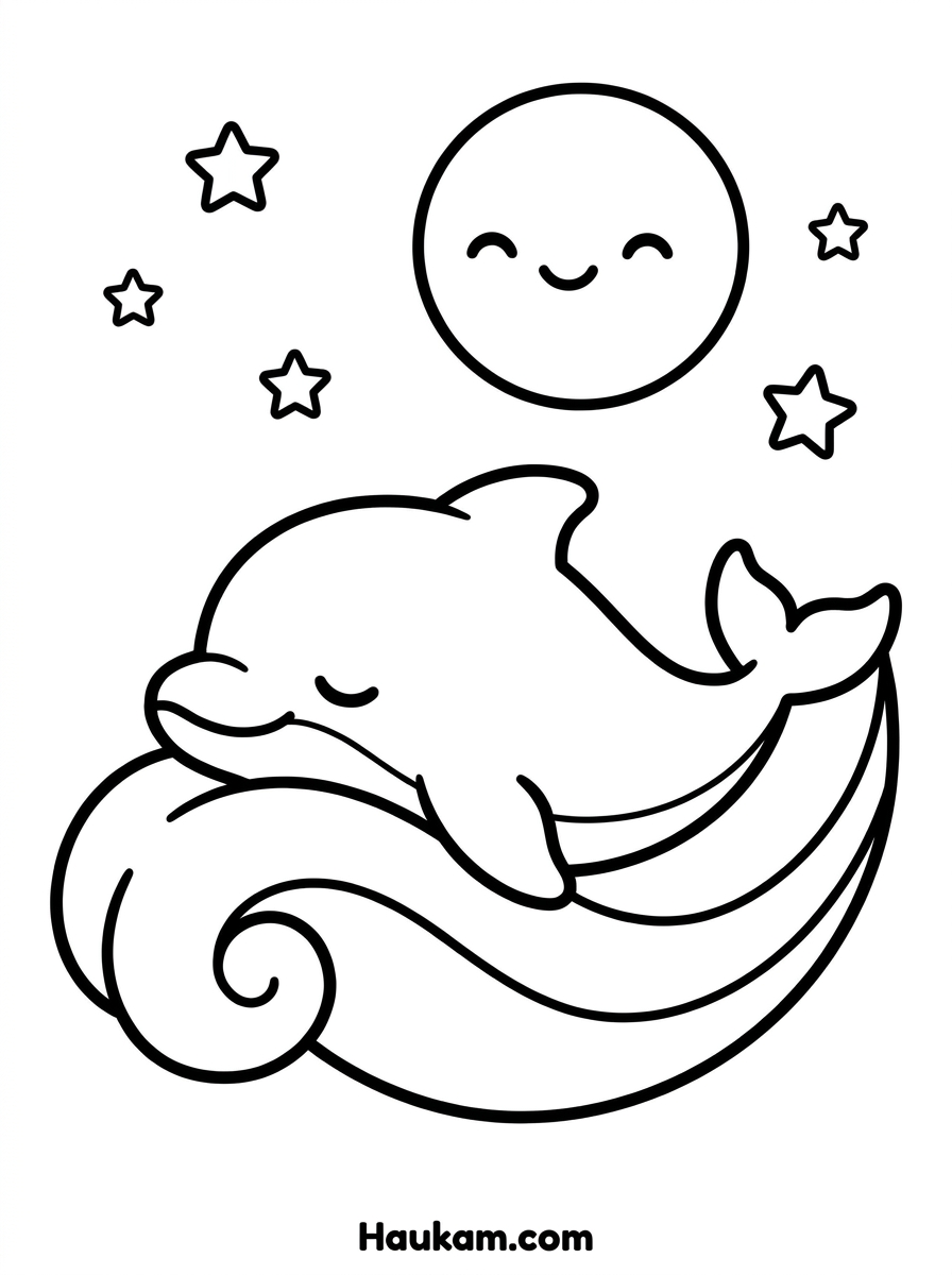 Delphine Ausmalbilder: Gratis-Vorlagen zum Ausdrucken 5 Delphine Ausmalbilder – müder Delphin schläft ruhig unter Mond und Sternen, Gute-Nacht-Motiv