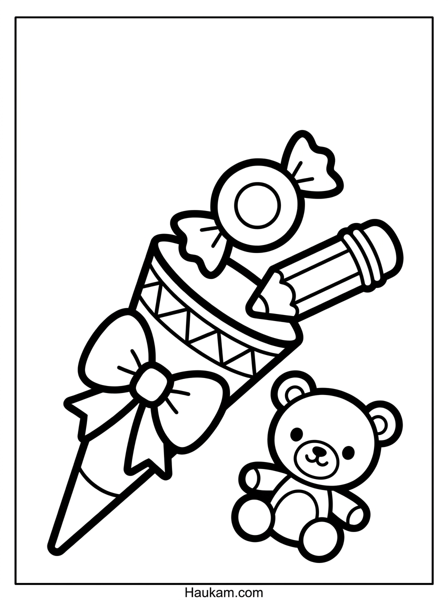 Schultüte Ausmalbild: Gratis Vorlagen zum Ausdrucken 5 Schultüte Ausmalbild für Vorschulkinder – geöffnete Schultüte mit Stift, Bonbon und Teddybär