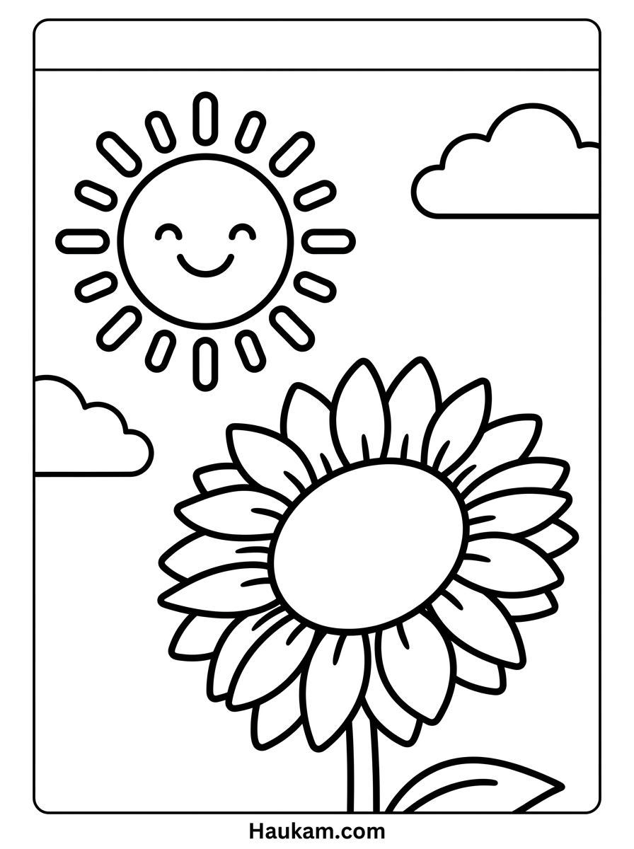 Sonnenblume Ausmalbild: Kostenlose Malvorlage für Kita & Zuhause 5 Sonnenblume Ausmalbild unter lächelnder Sonne mit Wolken, Malvorlage für Kinder zum kostenlosen Ausdrucken