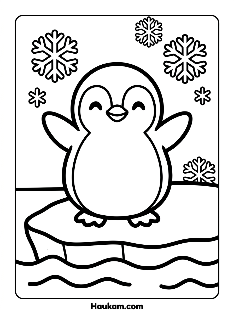 Vogel Ausmalbild: kostenlose Vorlagen für Kinder 5 Vogel Ausmalbild Pinguin auf Eisscholle im Schnee – Malvorlage für Kinder