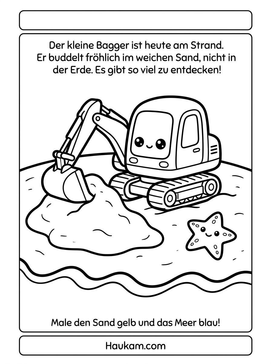 Ausmal Bagger: kostenlose Ausmalbilder zum Ausdrucken 3 Ausmal Bagger am Strand – niedliches Ausmalbild mit Bagger, Seestern und Wellen für Kinder