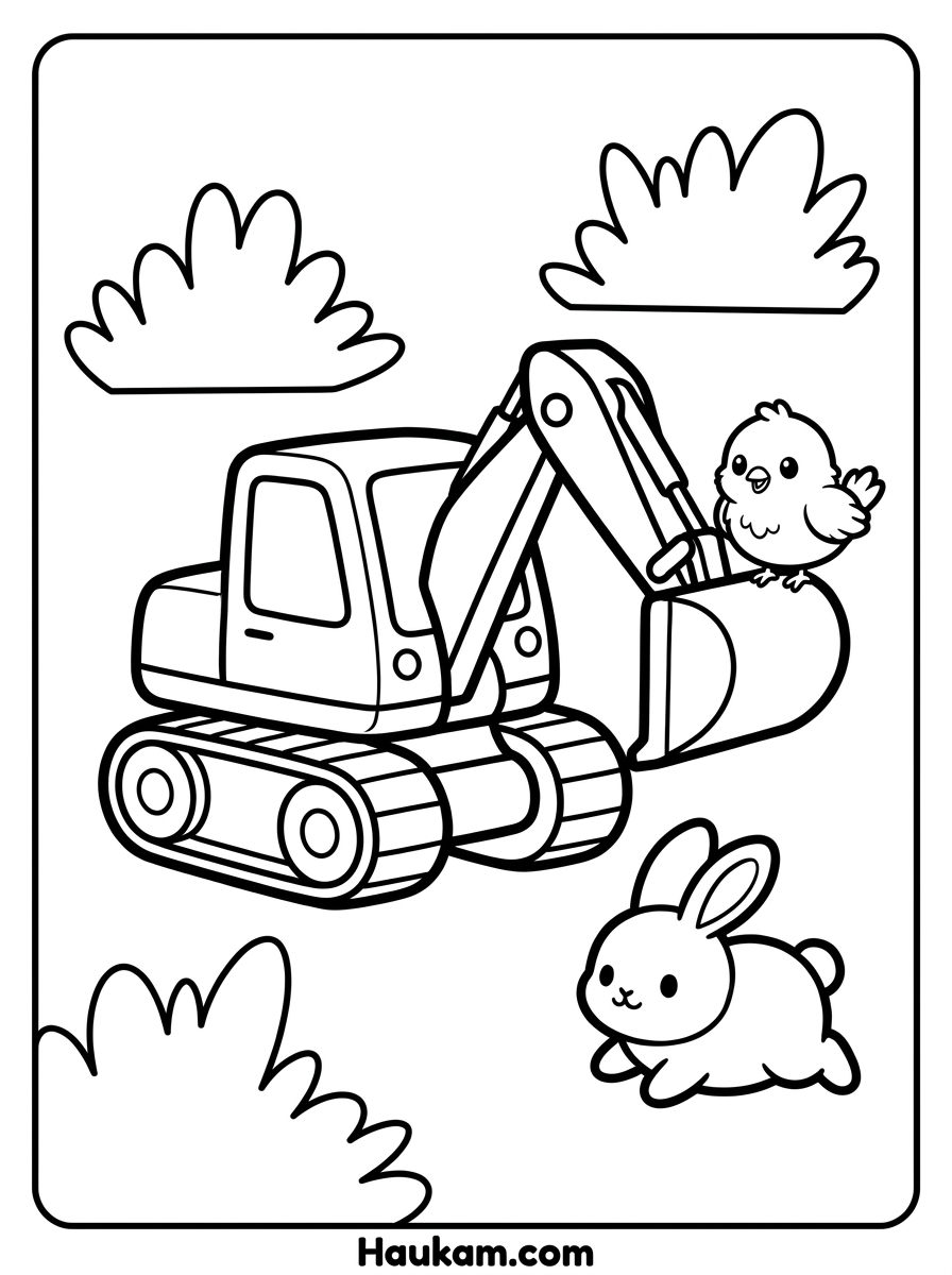 Ausmal Bagger: kostenlose Ausmalbilder zum Ausdrucken 5 Ausmal Bagger mit Tieren – Vogel auf Baggerschaufel und Hase, niedliches Ausmalbild für Kinder