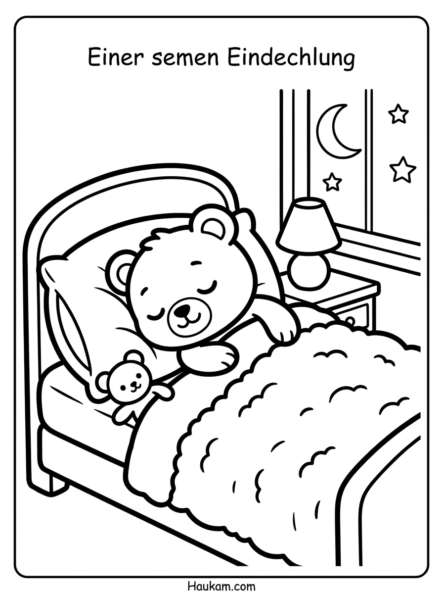 Ausmalbild Bär zum Ausdrucken: 5 Motive für Kinder (gratis) 4 Ausmalbild Bär schläft im Bett mit Teddy, Mond und Sternen – ruhige Malvorlage für Kinder