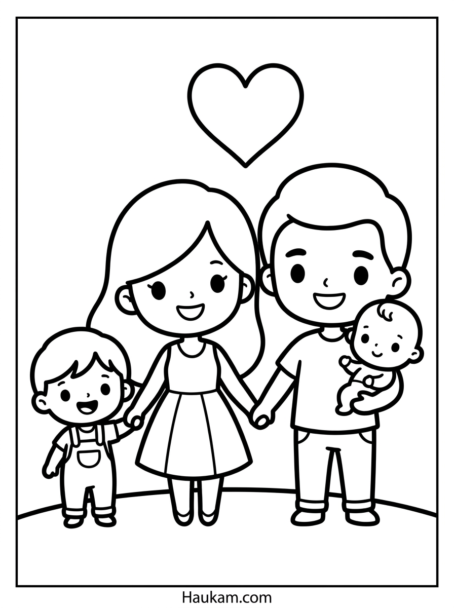 Familie Ausmalbild: kostenlose Malvorlagen für Kinder 1 Familie Ausmalbild: Vierköpfige Kawaii-Familie hält sich an den Händen, Malvorlage für Kinder