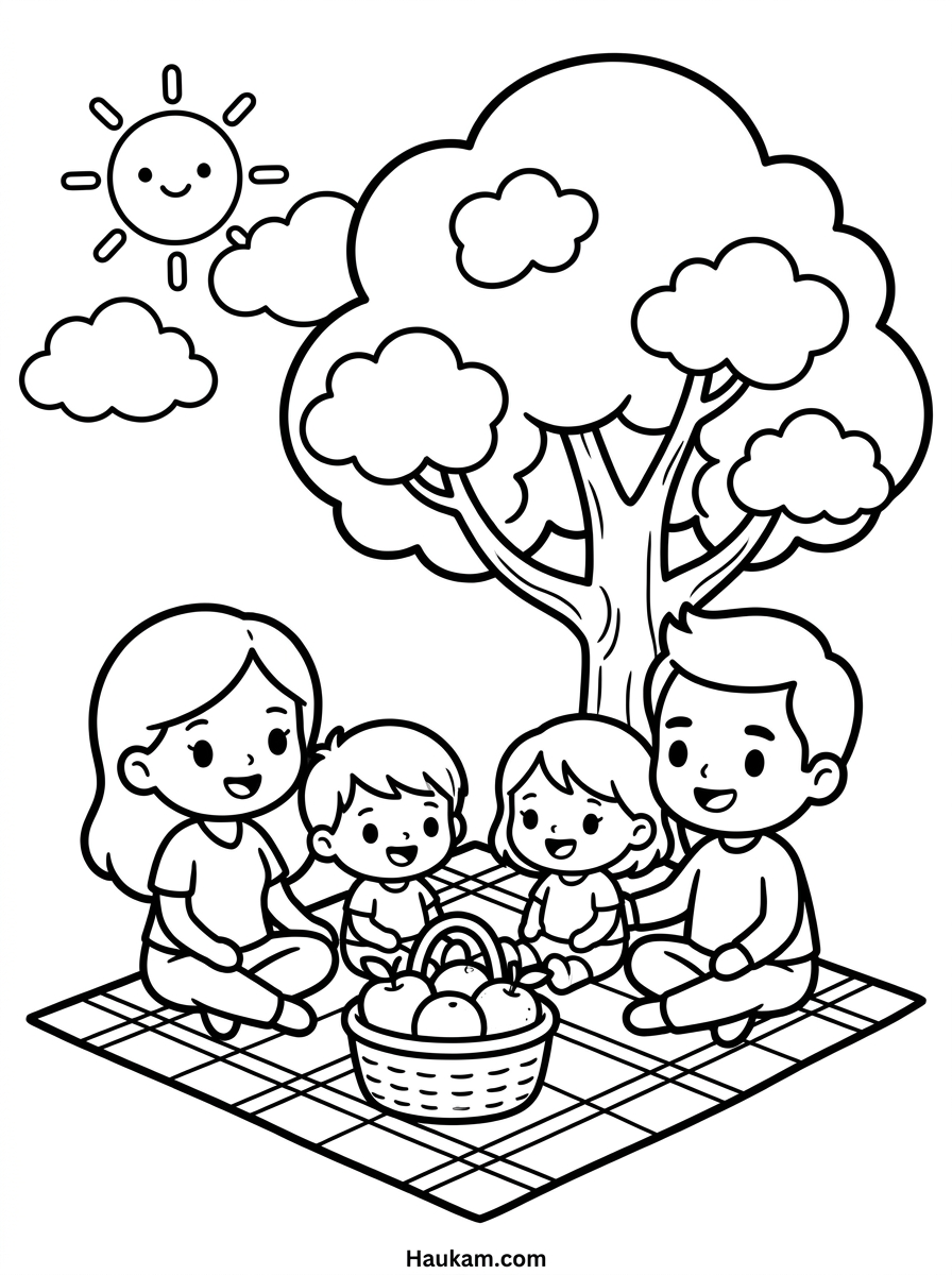 Familie Ausmalbild: kostenlose Malvorlagen für Kinder 2 Familie Ausmalbild: Familie beim Picknick im Park unter einem Baum, Malvorlage zum Ausdrucken