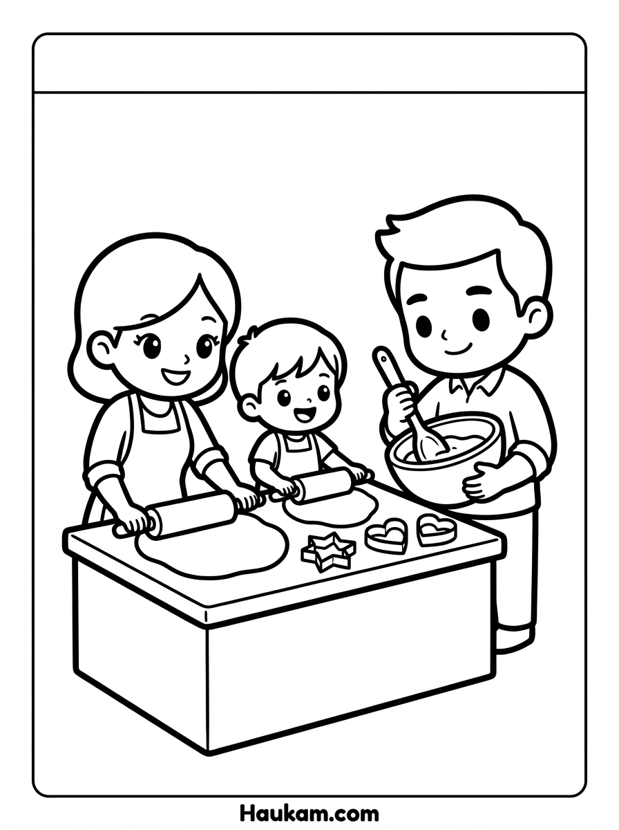 Familie Ausmalbild: kostenlose Malvorlagen für Kinder 3 Familie Ausmalbild: Mama und Kind backen gemeinsam Kekse in der Küche, Ausmalvorlage für Kinder