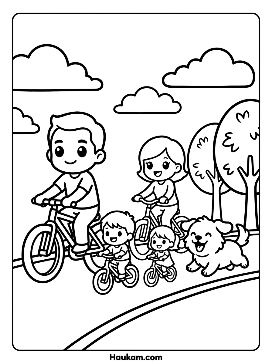 Familie Ausmalbild: kostenlose Malvorlagen für Kinder 4 Familie Ausmalbild: Familie fährt gemeinsam Fahrrad mit Hund, Malvorlage für Kinder