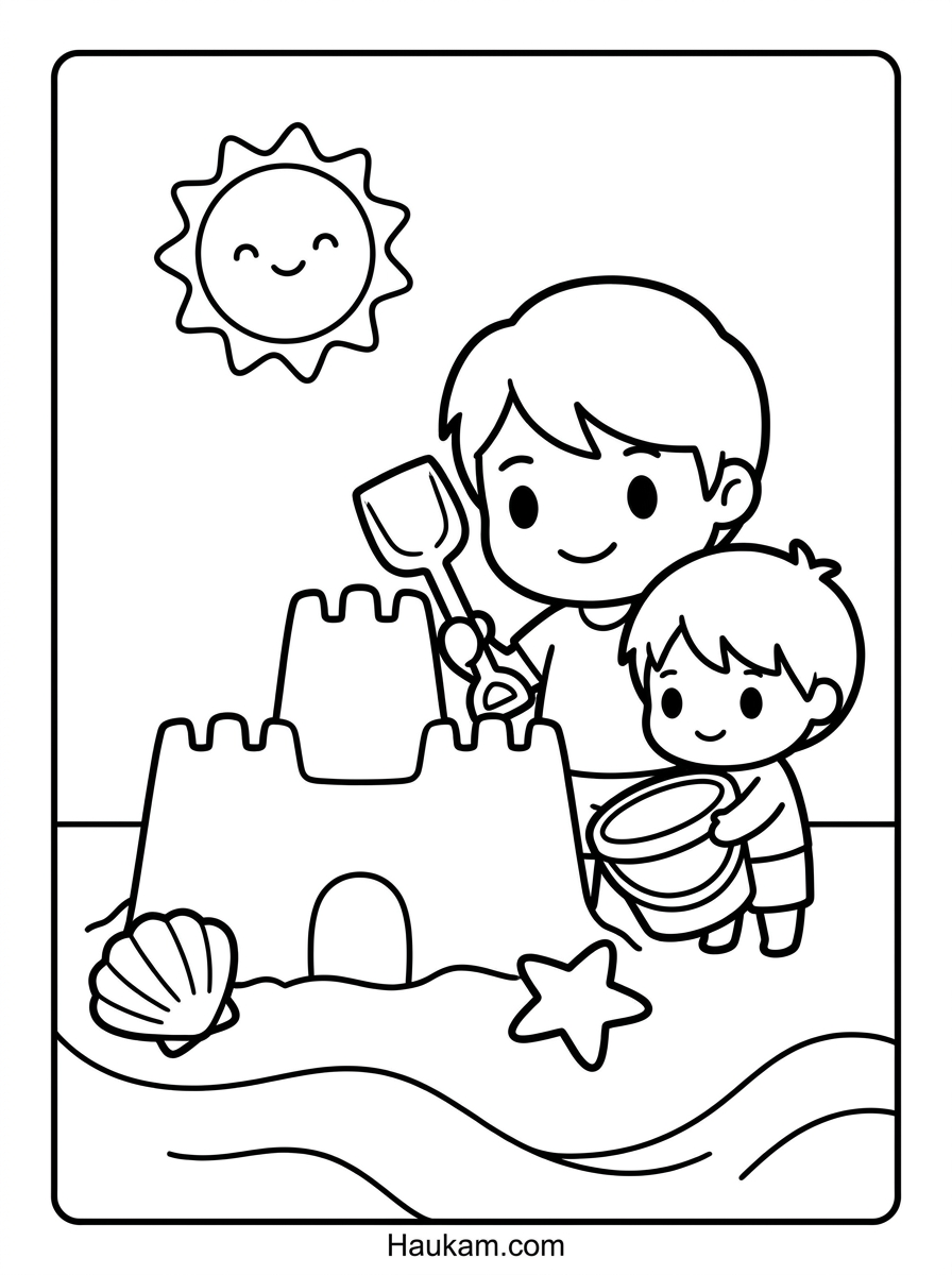 Familie Ausmalbild: kostenlose Malvorlagen für Kinder 5 Familie Ausmalbild: Familie baut gemeinsam eine Sandburg am Strand, Kawaii-Malvorlage