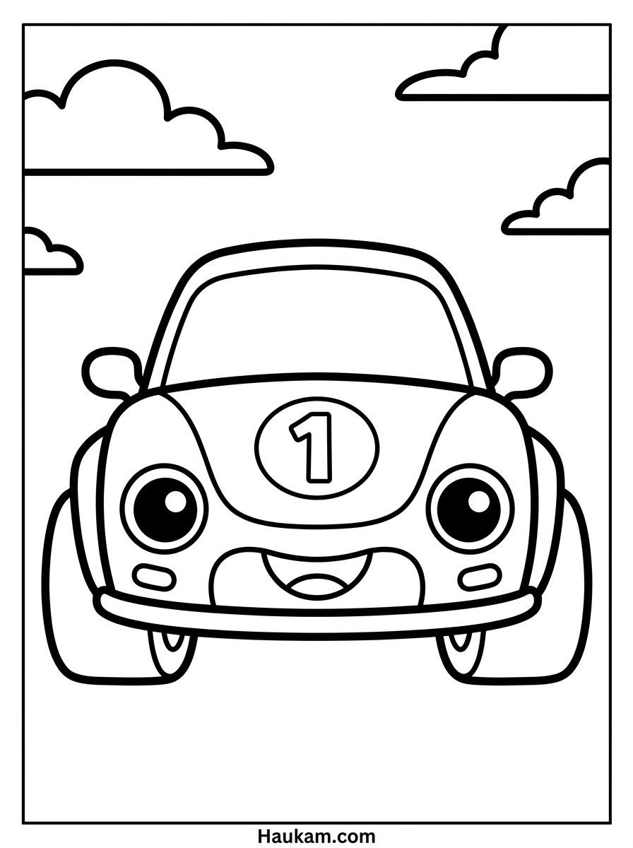 Rennauto Ausmalbild: kostenlose Malvorlagen für Kinder 1 Rennauto Ausmalbild für Kinder – niedliches Chibi-Rennauto in Frontalansicht zum Ausmalen