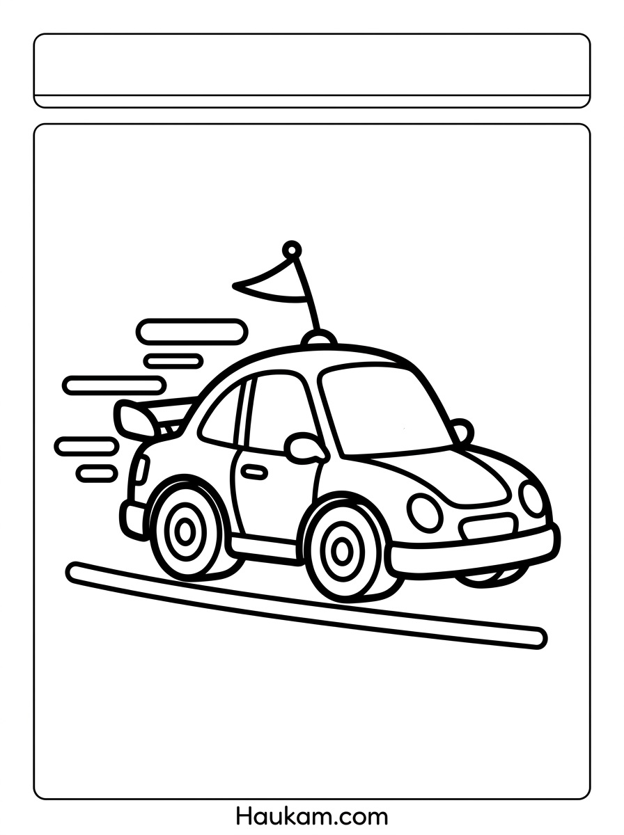 Rennauto Ausmalbild: kostenlose Malvorlagen für Kinder 2 Rennauto Ausmalbild mit fahrendem Chibi-Auto und Tempolinien für Kinder zum Ausdrucken