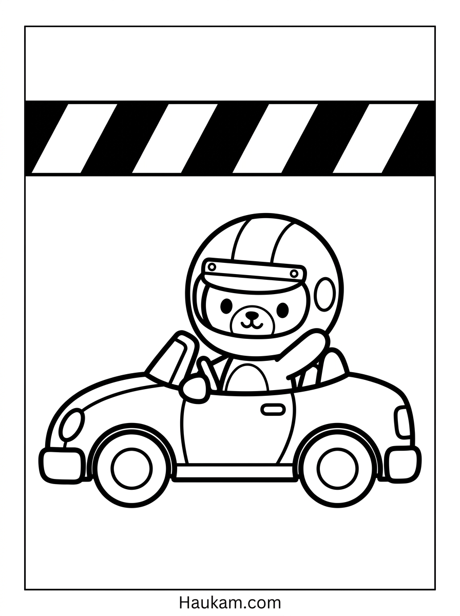 Rennauto Ausmalbild: kostenlose Malvorlagen für Kinder 3 Rennauto Ausmalbild mit winkendem Chibi-Fahrer und Zielband, Malvorlage für Kinder