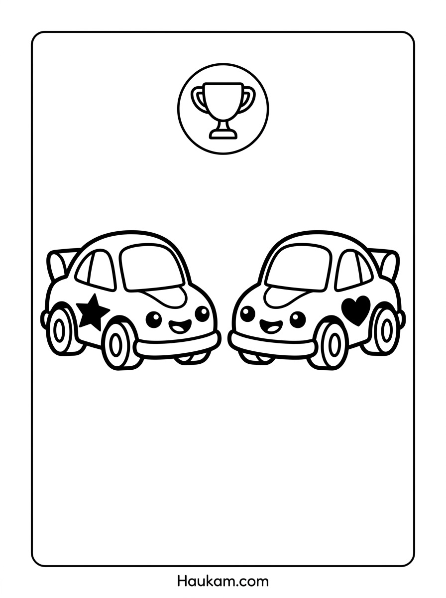 Rennauto Ausmalbild: kostenlose Malvorlagen für Kinder 4 Rennauto Ausmalbild mit zwei Chibi-Autos nebeneinander und Pokal-Symbol zum Ausmalen
