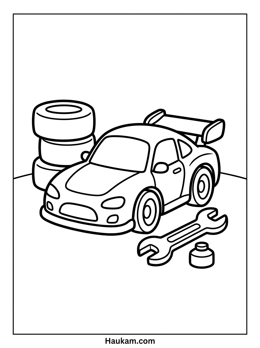 Rennauto Ausmalbild: kostenlose Malvorlagen für Kinder 5 Rennauto Ausmalbild mit Auto an der Boxenstopp-Station, Reifen und Schraubenschlüssel