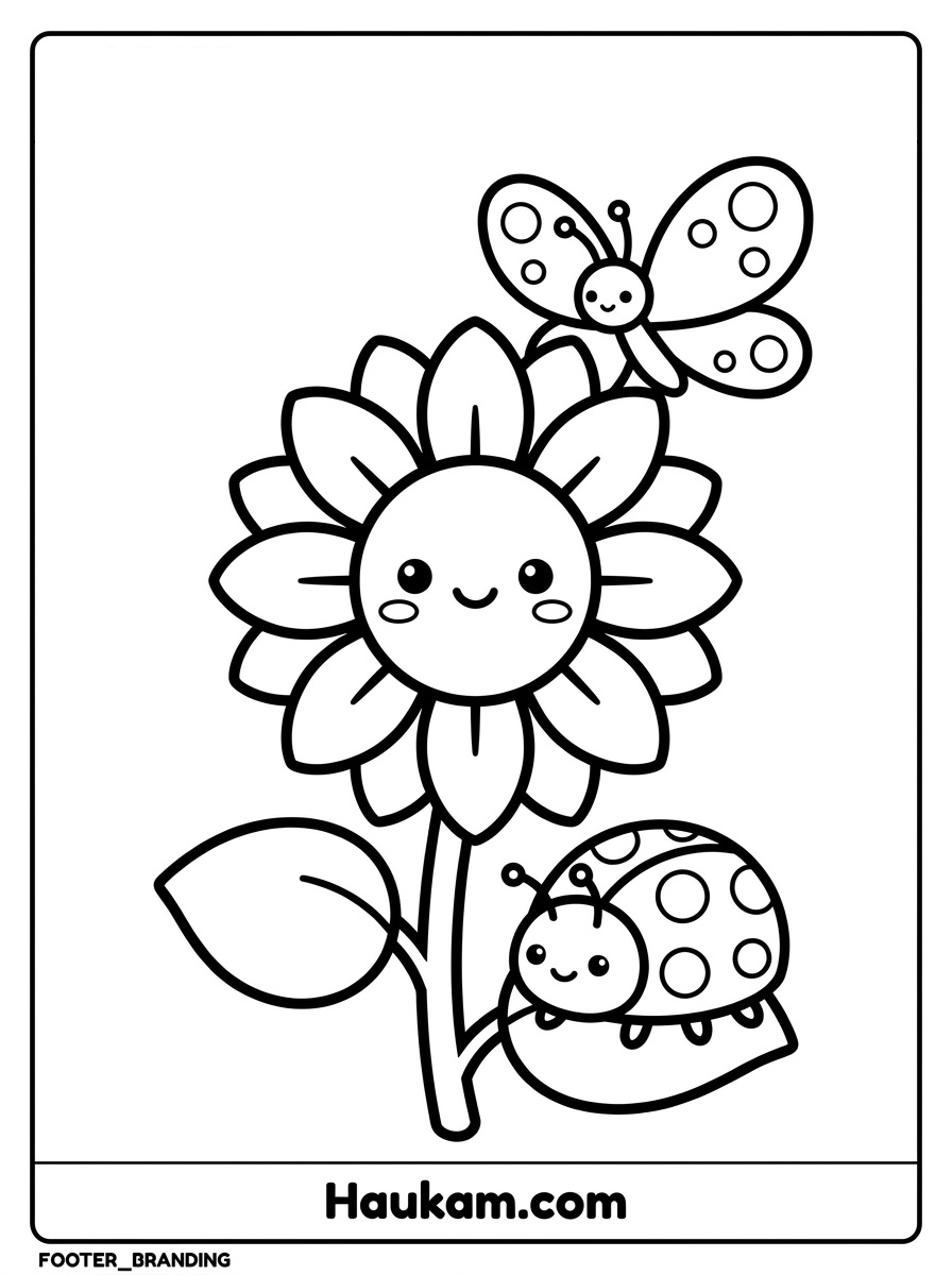Sonnenblume Ausmalbild: Kostenlose Malvorlage für Kita & Zuhause 4 Sonnenblume Ausmalbild mit Schmetterling und Marienkäfer, süße Malvorlage zum Thema Garten für Kinder