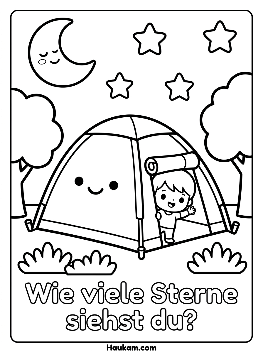 Camping Ausmalbilder: 5 süße Malvorlagen zum Ausdrucken 1 Camping Ausmalbild: niedliches Zelt mit Gesicht, winkendes Kind, Mond und Sterne als Schwarz-Weiß-Umrisszeichnung