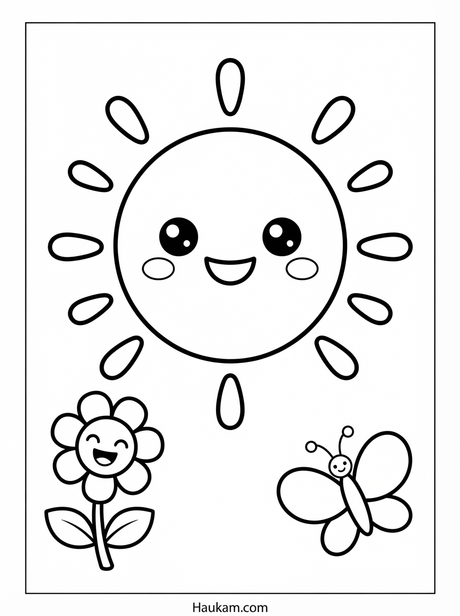 Wetter Ausmalbilder für Kinder: 5 Malvorlagen zum Ausdrucken 1 Wetter Ausmalbilder: Fröhliche Chibi-Sonne mit Blume und Schmetterling als Malvorlage für Kinder