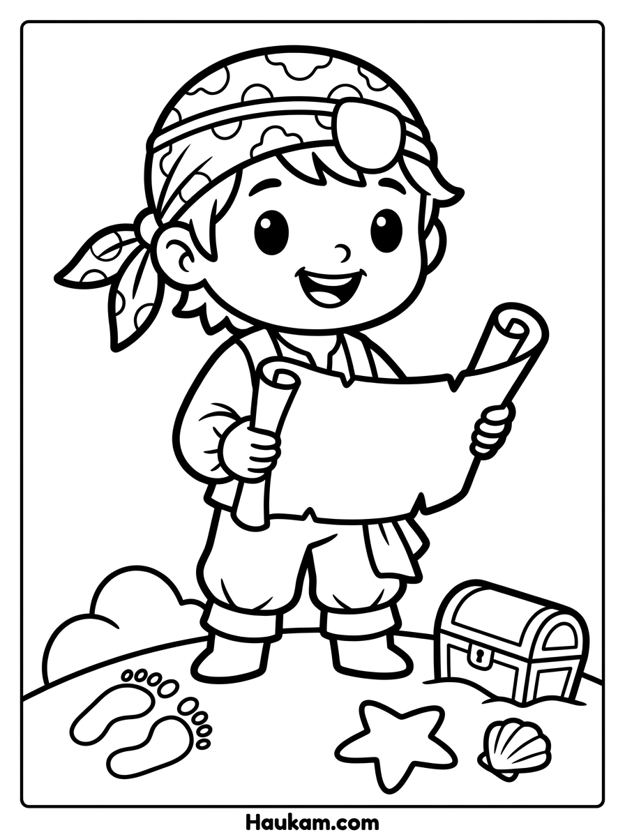 Schatzsuche Ausmalbilder: 5 Gratis Malvorlagen für Kinder 1 Schatzsuche Ausmalbilder: kleines Piratenkind mit Schatzkarte am Strand zum Ausmalen