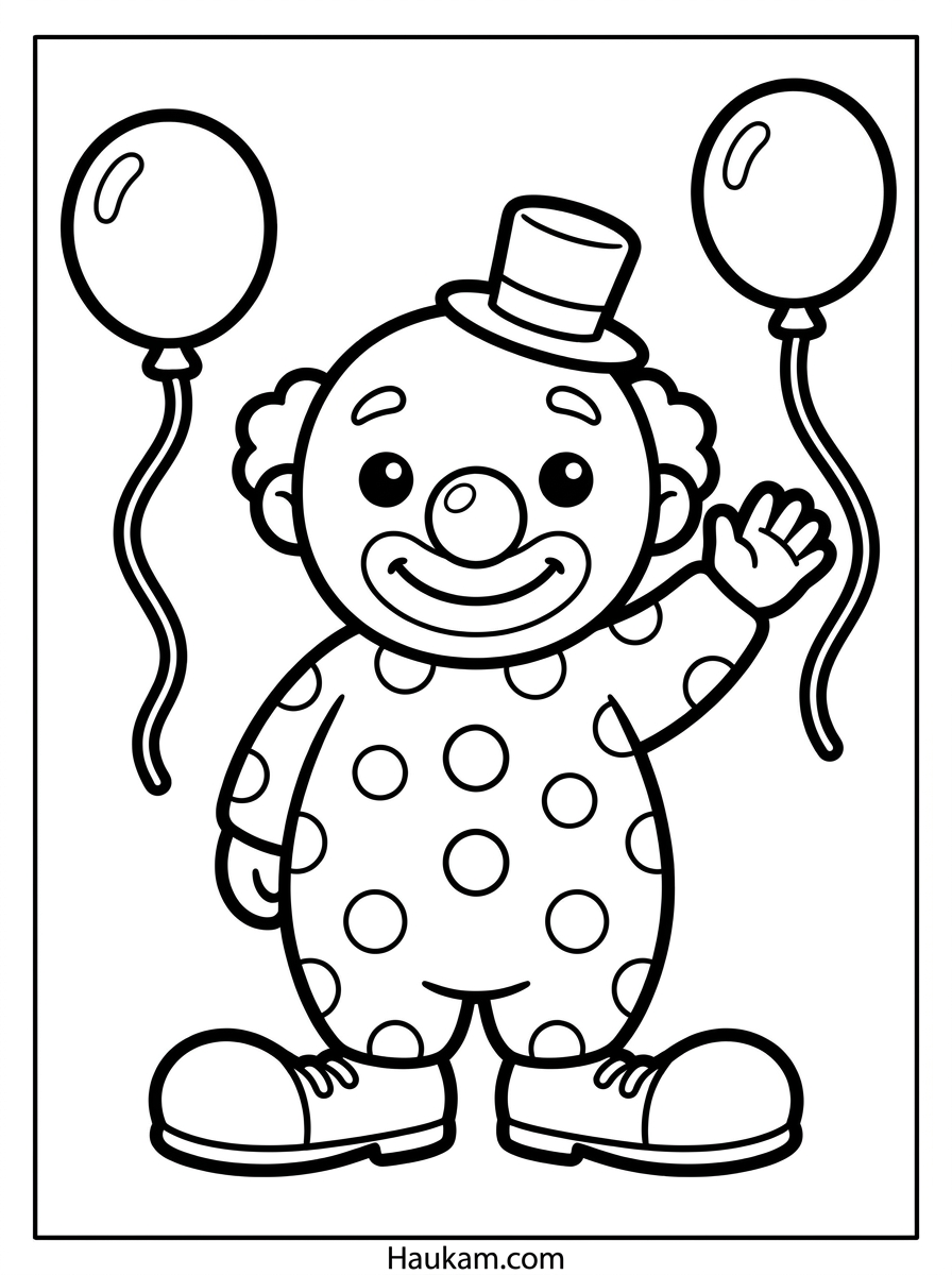 Ausmal Clown Kostenlos: 5 süße Ausmalbilder zum Ausdrucken 1 Ausmal Clown Vorlage: winkender Clown mit Luftballons für Kinder