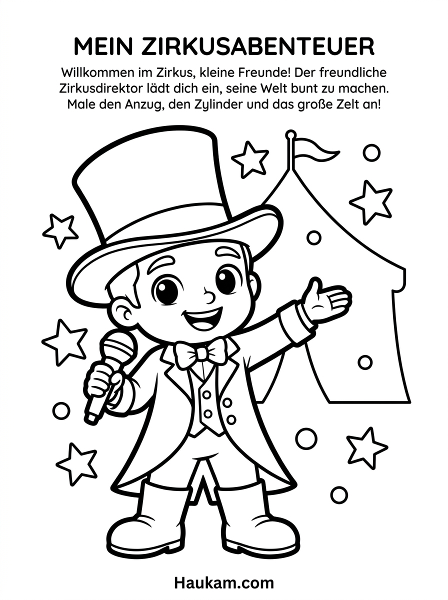 Ausmalbilder Zirkus für Kinder: 5 Kostenlose Malvorlagen 1 Ausmalbilder Zirkusdirektor für Kinder zum Ausdrucken, niedliche Chibi Malvorlage mit Zylinder und Fliege