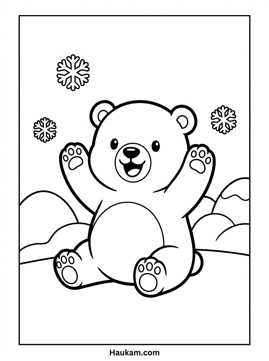Arktis Ausmalbilder: Eisbär, Robbe & Narwal zum Ausmalen 1 Arktis Ausmalbilder Eisbär – niedliche Malvorlage für Kinder im Schnee