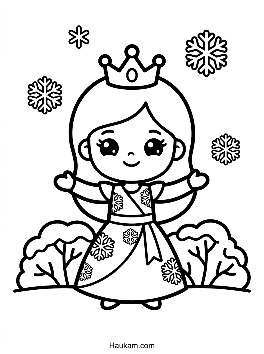 Eisprinzessin Ausmalbilder zum Ausdrucken (Gratis) 1 Eisprinzessin Ausmalbilder mit Prinzessin im Schneeflocken-Kleid im winterlichen Schlossgarten zum Ausmalen für Kinder