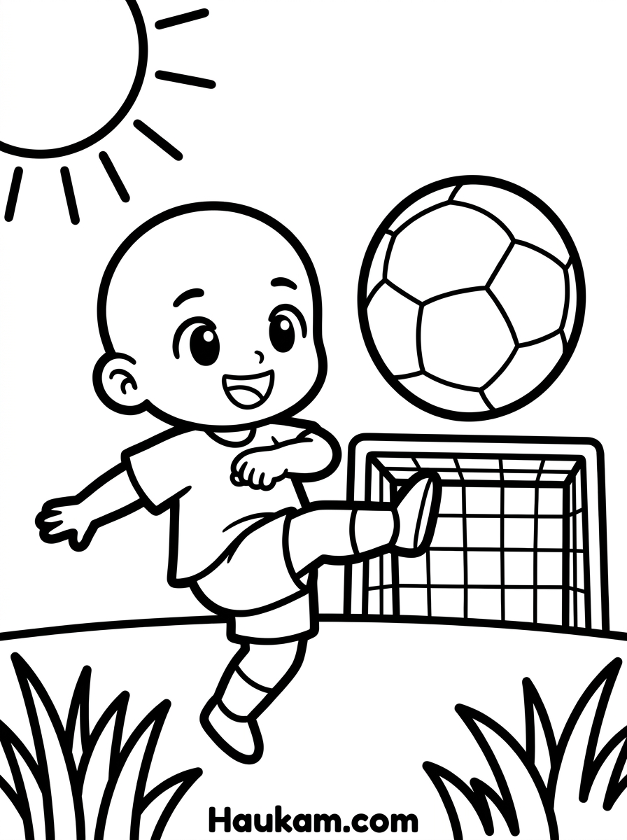 Sport Ausmalbilder für Kinder: Fünf kostenlose Malvorlagen 1 Sport Ausmalbilder für Kinder: Fußball spielendes Kind im Chibi-Stil zum Ausmalen