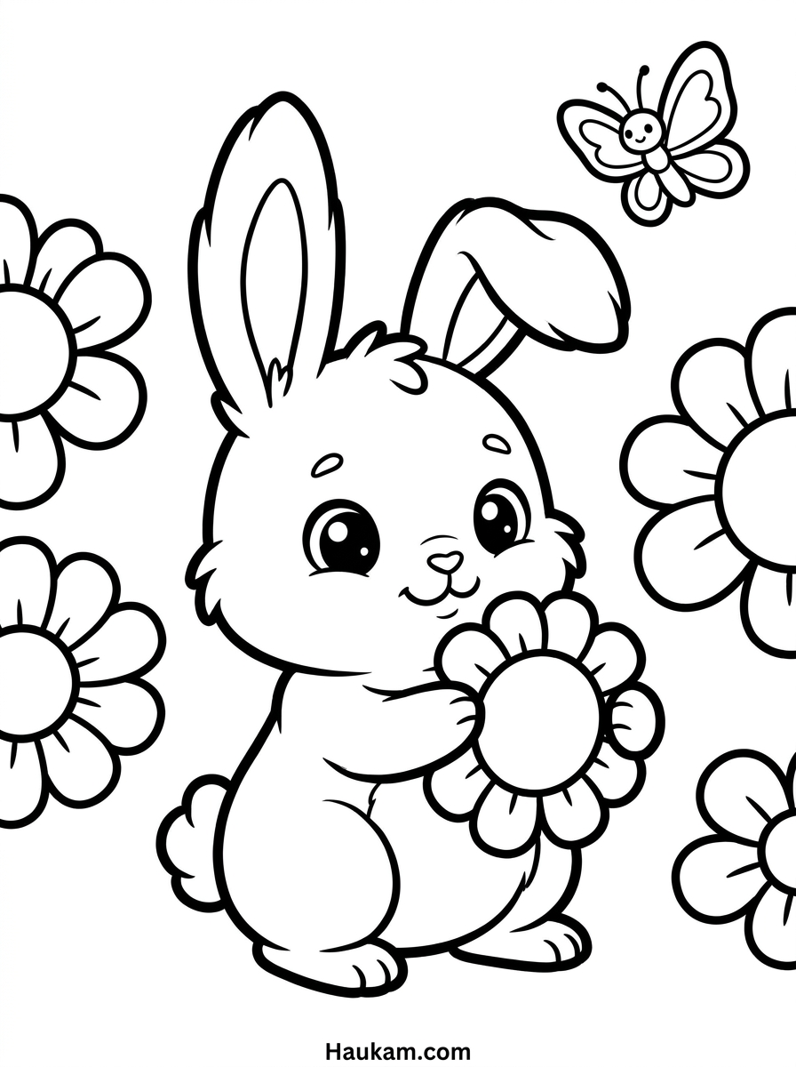 Hasen Ausmalbilder für Kinder: 5 kostenlose Vorlagen 1 Hasen Ausmalbilder für Kinder – niedlicher Hase im Blumengarten zum Ausdrucken