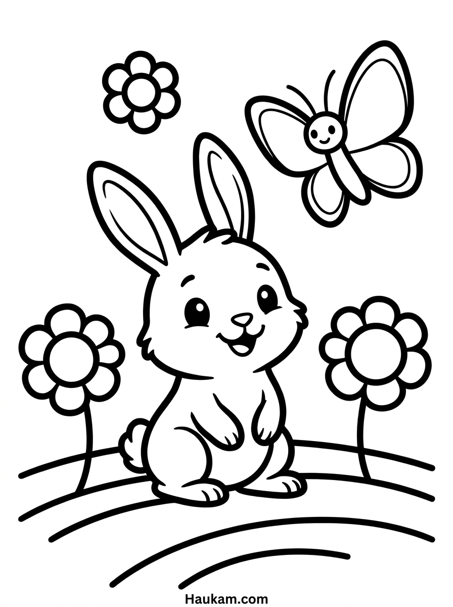 Kaninchen Ausmalbilder zum Ausdrucken (Chibi-Stil) 1 Kaninchen Ausmalbilder für Kinder – fröhliches Häschen sitzt auf einer Wiese mit Blumen und Schmetterling, Chibi-Stil zum Ausmalen