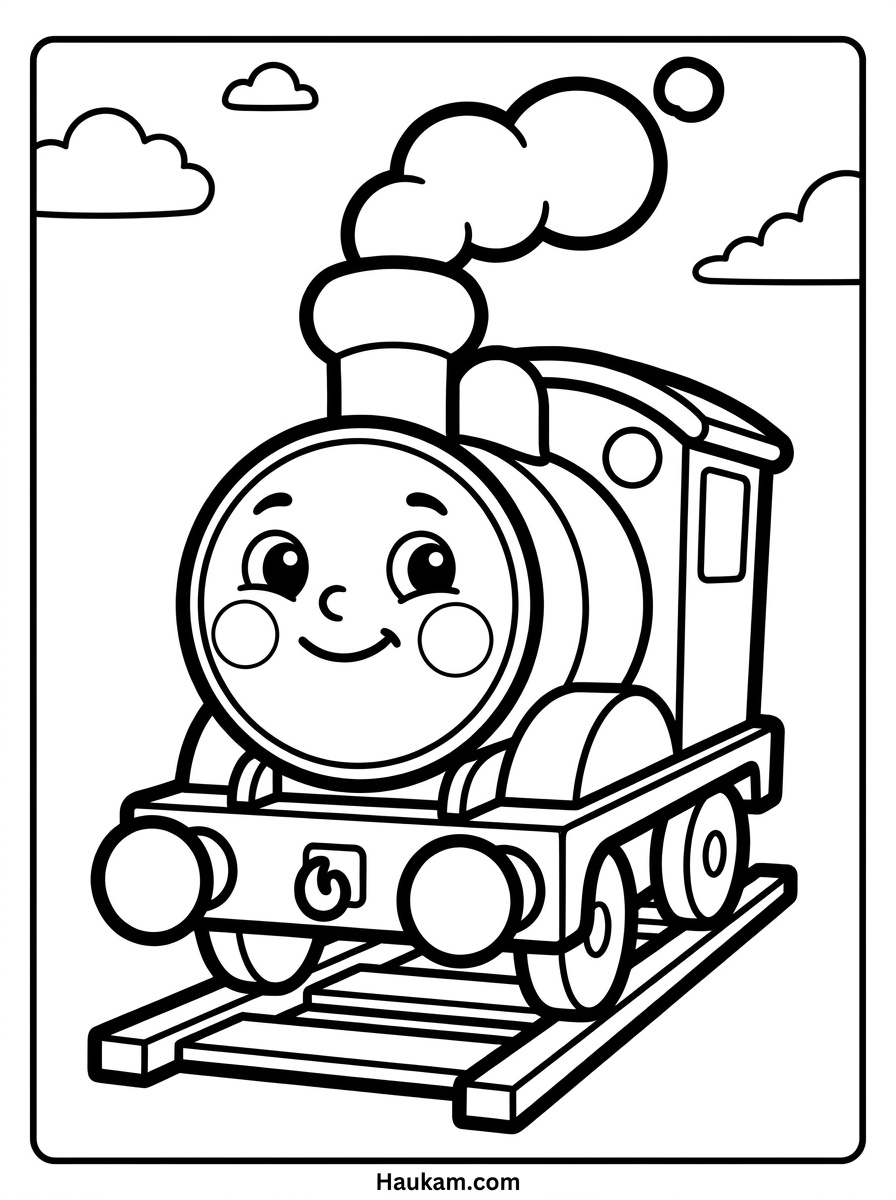 Eisenbahn Ausmalbilder zum Ausdrucken – Dampflok, Bahnhof & mehr 1 Eisenbahn Ausmalbilder für Kinder – niedliche Dampflokomotive mit lachendem Gesicht zum Ausmalen