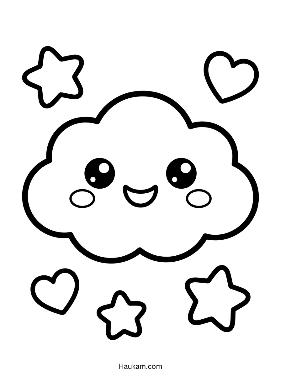 Wolken Ausmalbilder: 5 kostenlose Malvorlagen für Kinder 1 Wolken Ausmalbilder für Kinder – niedliche lächelnde Wolke im Chibi-Stil mit Sternen und Herzen zum Ausmalen