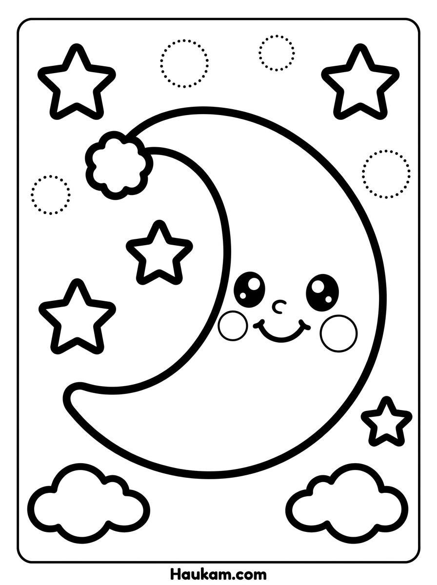 Mond Ausmalbilder für Kinder: 5 süße Motive zum Ausdrucken 1 Mond Ausmalbilder: lächelnder Halbmond mit Bommelmütze, Sternen und Wölkchen im Chibi-Stil, schwarz-weiß zum Ausmalen