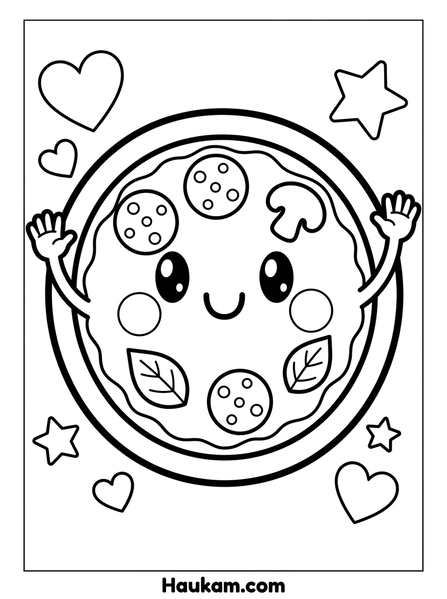Pizza Ausmalbilder: 5 kostenlose Malvorlagen für Kinder 1 Pizza Ausmalbild für Kinder mit lächelndem Gesicht, einfache Malvorlage zum Ausdrucken