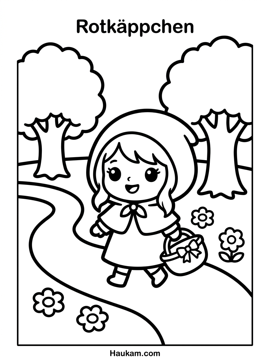 Rotkäppchen Ausmalbilder zum Ausdrucken – Für Kinder 1 Rotkäppchen Ausmalbilder – Mädchen mit Körbchen läuft durch den Wald