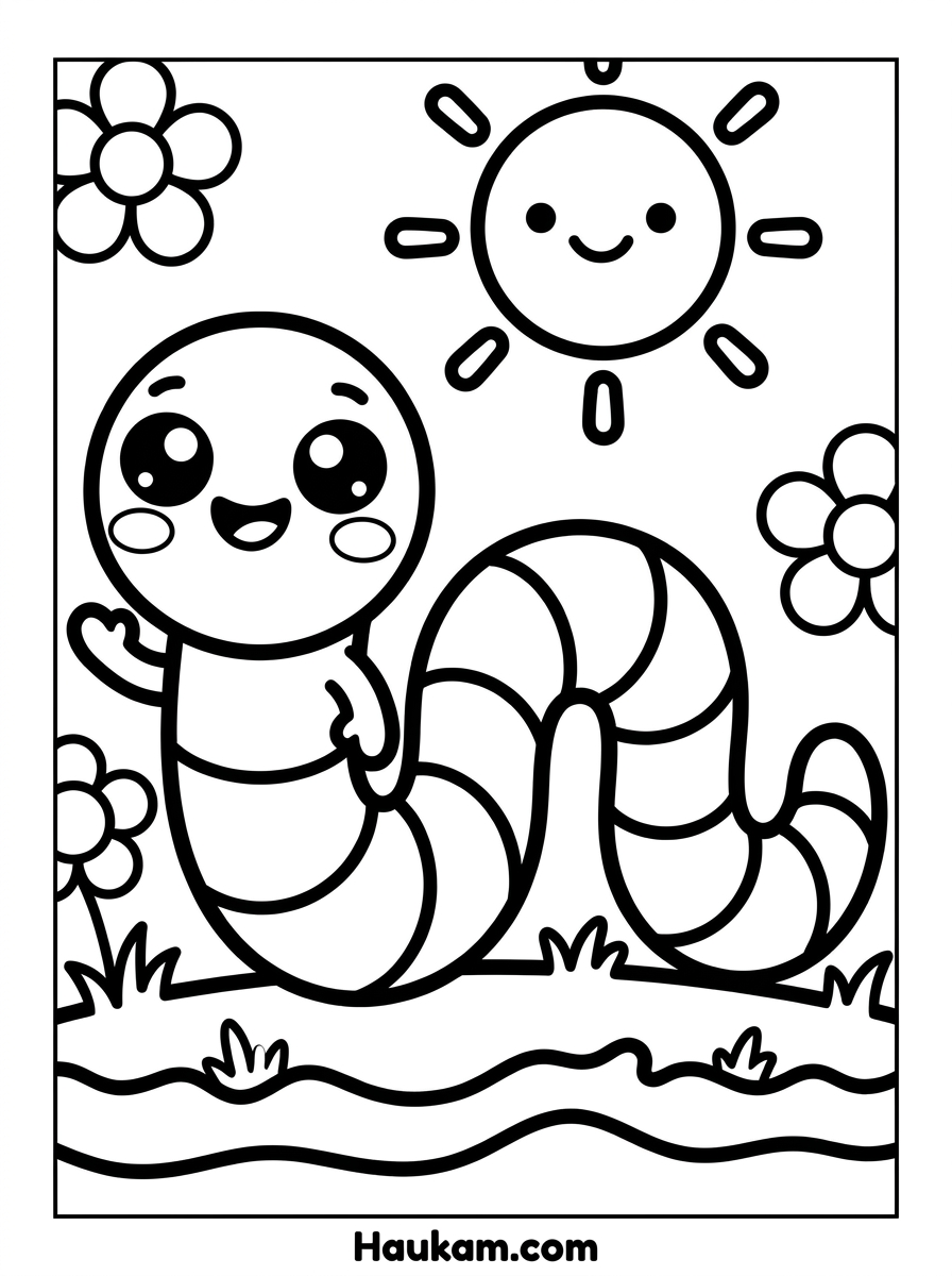 Regenwürmer Ausmalbilder: 5 kostenlose Motive für Kinder 1 Regenwürmer Ausmalbild für Kinder: niedlicher Regenwurm Willi im Chibi-Stil winkt fröhlich, mit Sonne und Blumen, Schwarz-Weiß-Vorlage zum Ausdrucken