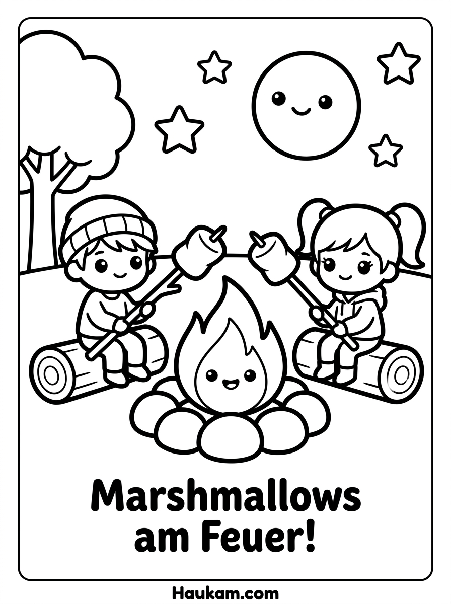 Camping Ausmalbilder: 5 süße Malvorlagen zum Ausdrucken 2 Ausmalbild Lagerfeuer: zwei Kinder rösten Marshmallows am kleinen Feuer mit Steinkreis, Schwarz-Weiß-Umrisszeichnung