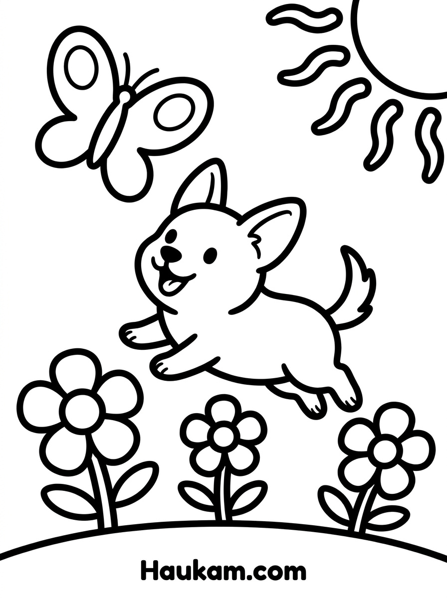 Hunde Ausmalbilder zum Ausdrucken: süße Motive für Kinder 2 Hunde Ausmalbild Hund im Garten – Malvorlage mit Schmetterling und Blumen
