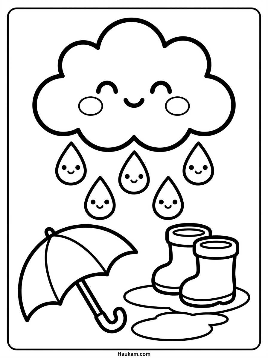 Wetter Ausmalbilder für Kinder: 5 Malvorlagen zum Ausdrucken 2 Ausmalbild Regenwolke mit lächelnden Regentropfen, Regenschirm und Gummistiefeln im Chibi-Stil