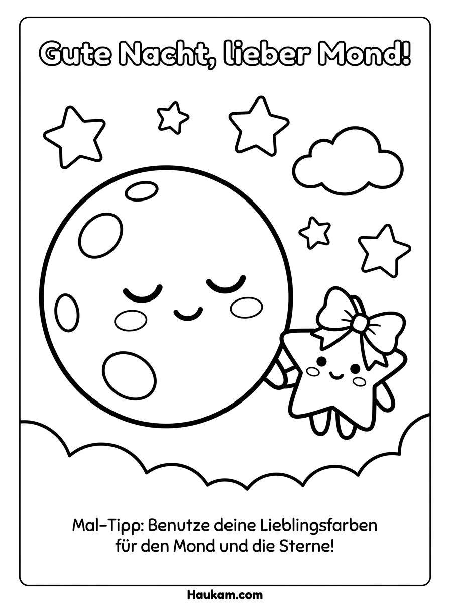 Mond Ausmalbilder für Kinder: 5 süße Motive zum Ausdrucken 2 Mond Ausmalbilder Vollmond mit Gesicht und kleinem Stern als Freund, die sich an den Händen halten, Chibi-Umrisszeichnung
