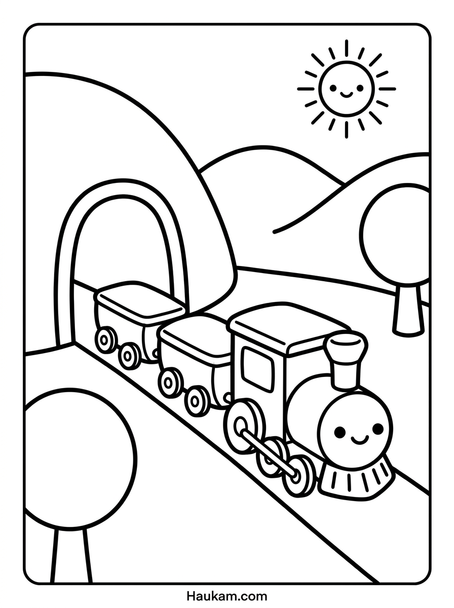 Eisenbahn Ausmalbilder zum Ausdrucken – Dampflok, Bahnhof & mehr 2 Eisenbahn Ausmalbilder zum Ausdrucken – kleiner Zug fährt durch Tunnel und Berge, Malvorlage für Kinder