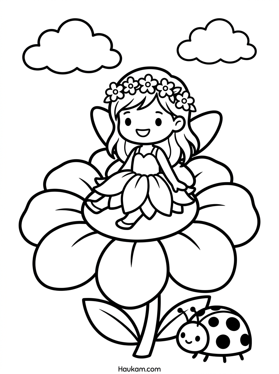 Elfen Ausmalbilder: 5 Magische Malvorlagen für Kinder 2 Elfen Ausmalbilder Ein Elfenmädchen mit Blütenkranz sitzt gemütlich auf einer großen Blume, während ein Marienkäfer unter kleinen Wolken vorbeifliegt.