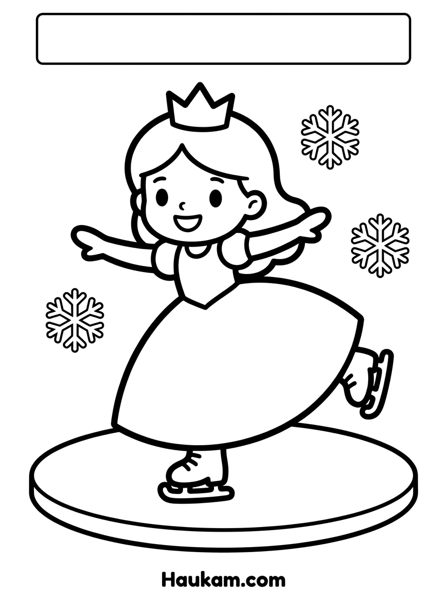 Eisprinzessin Ausmalbilder zum Ausdrucken (Gratis) 2 Eisprinzessin Ausmalbilder beim Schlittschuhlaufen auf einem gefrorenen See, einfache Malvorlage für Kinder