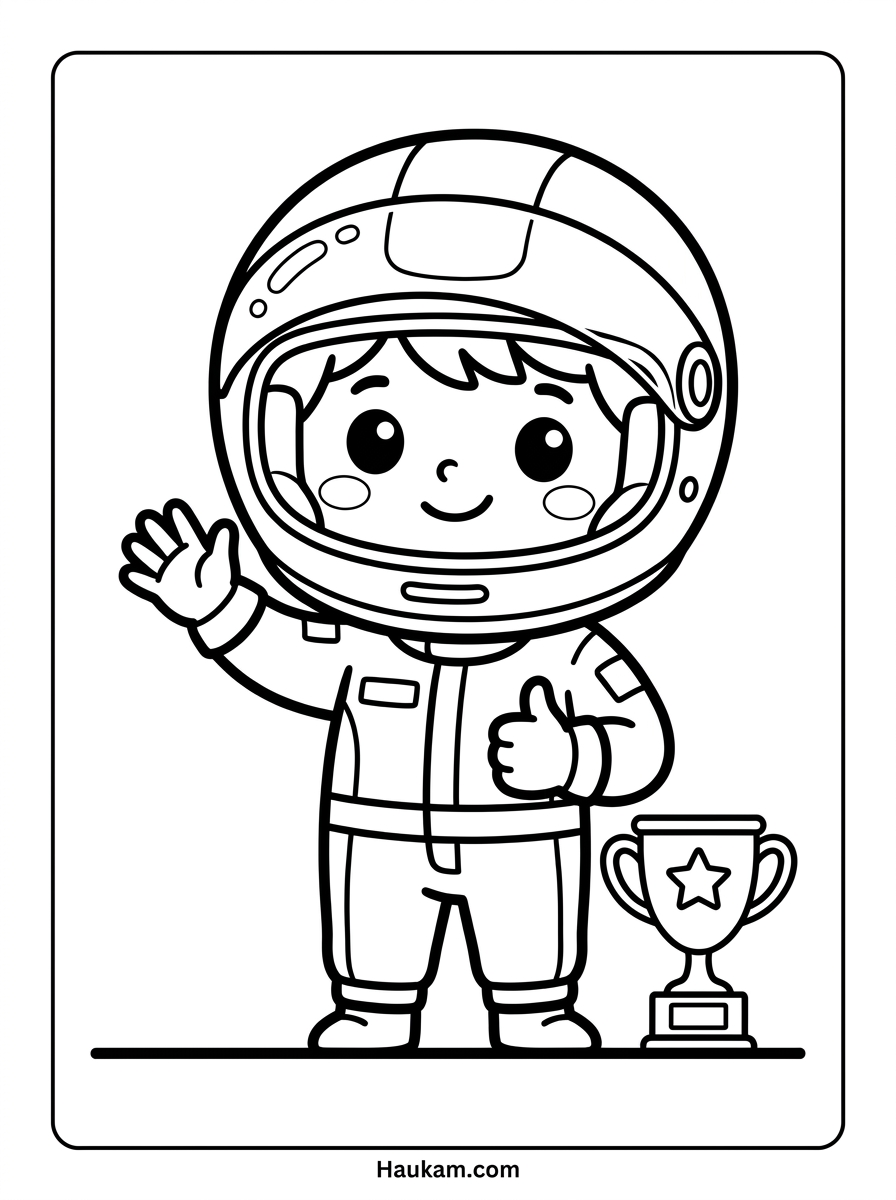 Formel 1 Ausmalbilder für Kinder: 5 Motive gratis 2 Formel 1 Ausmalbilder: kleiner Chibi-Rennfahrer im Rennanzug mit Helm und Pokal zum Ausmalen für Kinder
