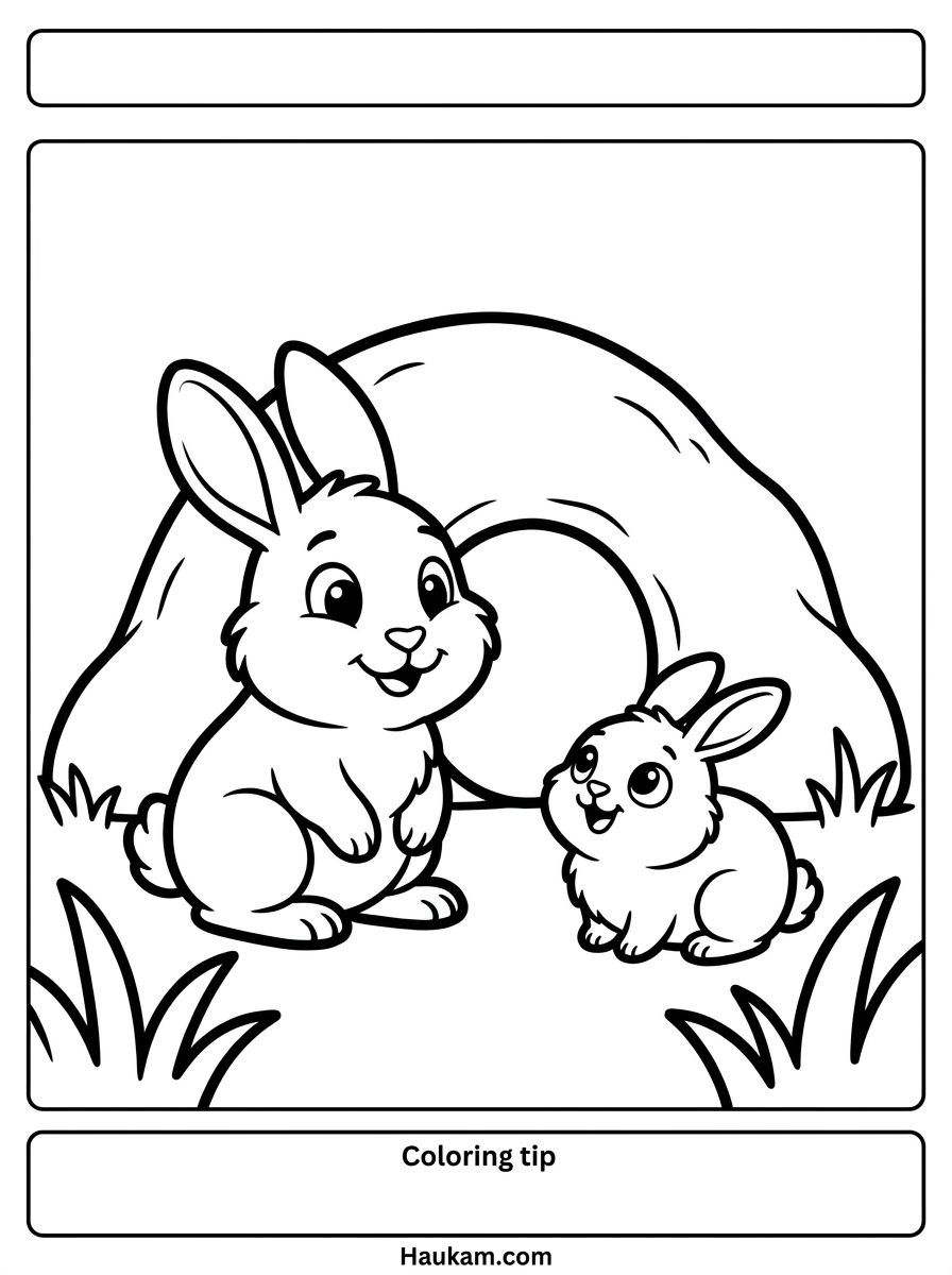 Kaninchen Ausmalbilder zum Ausdrucken (Chibi-Stil) 2 Kaninchen Ausmalbilder Kaninchenfamilie – Mama-Häsin und Baby-Kaninchen sitzen vor einem Erdbau, süße Malvorlage für Kinder
