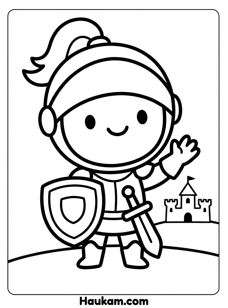 Kostenlose Burgen Ausmalbilder: Ritter, Prinzessin & Drache 2 Ritter Ausmalbild im Chibi-Stil mit Helm und Schild vor einer Burg für Kinder