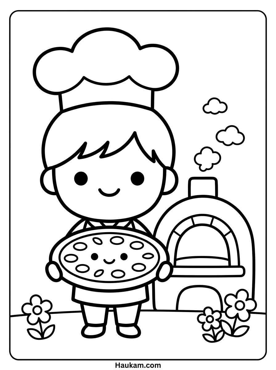 Pizza Ausmalbilder: 5 kostenlose Malvorlagen für Kinder 2 Ausmalbild kleiner Pizzabäcker wirft Teig in die Luft, Pizza Ausmalbilder für Kinder