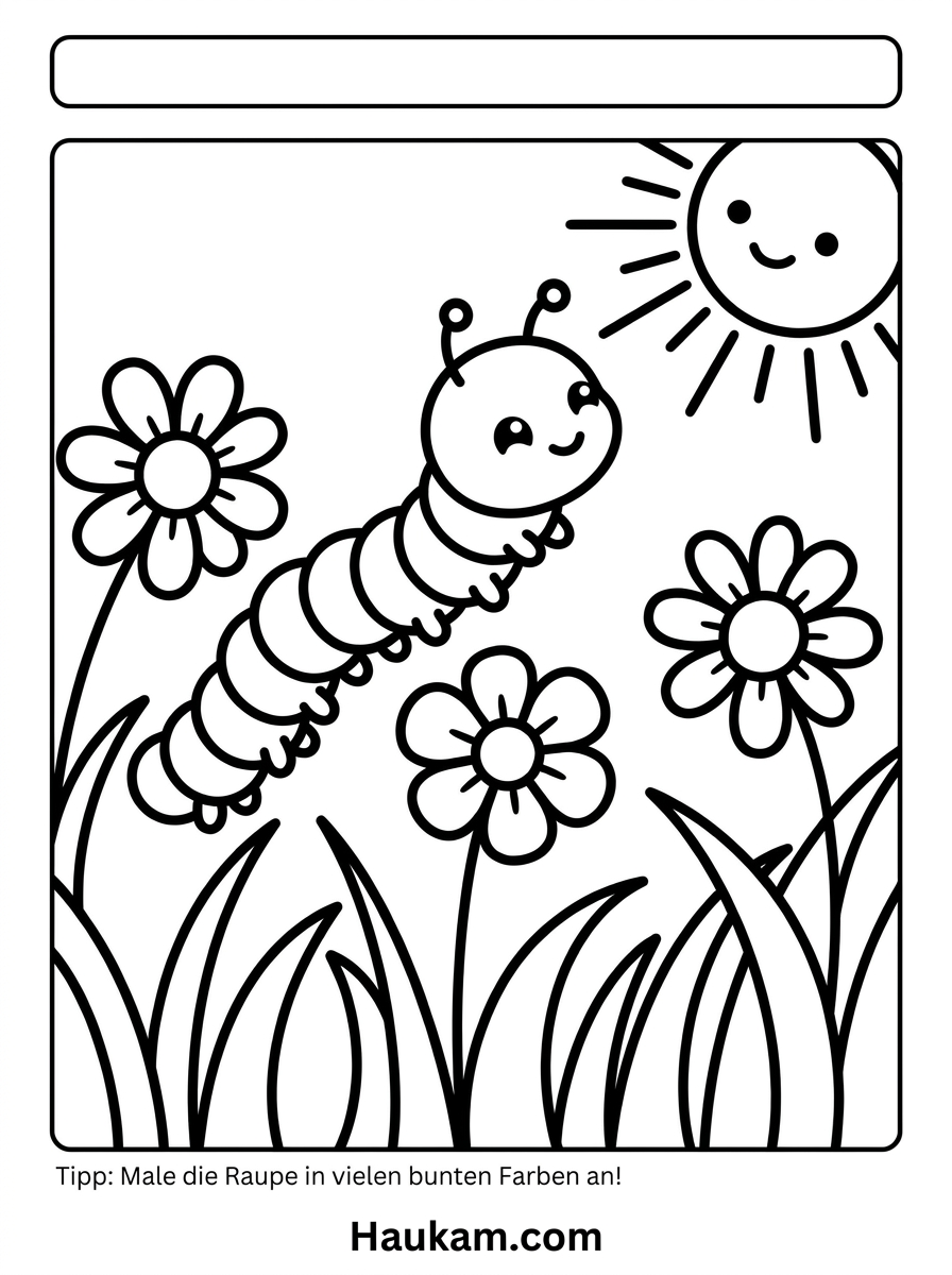 Raupen Ausmalbilder: 5 kostenlose Malvorlagen für Kinder 2 Raupen Ausmalbilder – Raupe schlängelt sich durch ein buntes Blumenfeld mit Sonne